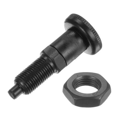 M10x1 Push Fit Ball Nose Spring Index Plunger With Retractable Location Pin And Return Knob Creates A Hassle Free Hold While Riding On Heavy Duty Carbon Steel With A Slick Rust Resistant Finish, showing threaded plunger and nut.