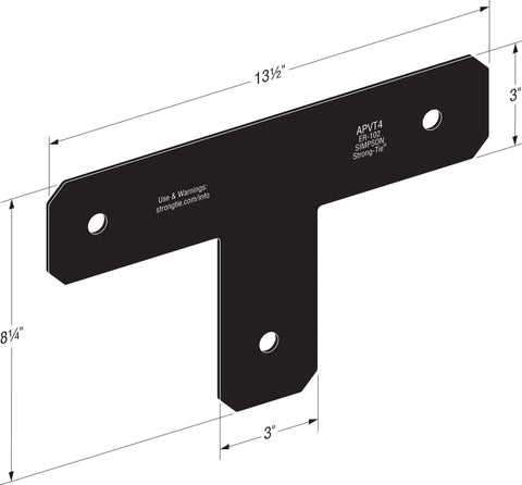 Avant Collection ZMAX Black Powder Coated T Strap for 4x4 Posts Pack of 8, 12-Gauge Steel with dimensions and chamfered corners