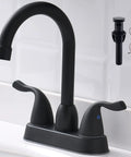 Matte Black Two Handle Bathroom Sink Faucet With Pop Up Drain And Supply Lines 4 Inch Centerset Design For 2 Or 3 Hole Lavatory Vanity Sleek Modern Fixture With No Fuss Install And Precise Temperature Control installed on white lavatory