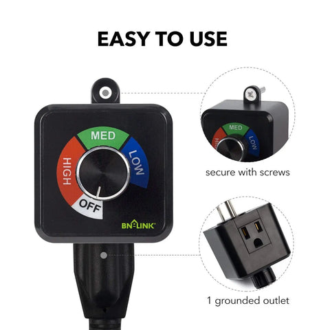 Plug In 3 Speed Fan Speed Controller With Easy Knob For Inline Duct Exhaust Fans And Ventilation Systems showing speeds and outlet