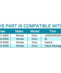 Compatibility chart for Rear Wheel Hub And Bearing Assembly For Honda Civic With ABS OEM Replacement, 2001-2005 models.