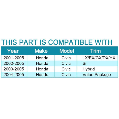 Compatibility chart for Rear Wheel Hub And Bearing Assembly For Honda Civic With ABS OEM Replacement, 2001-2005 models.