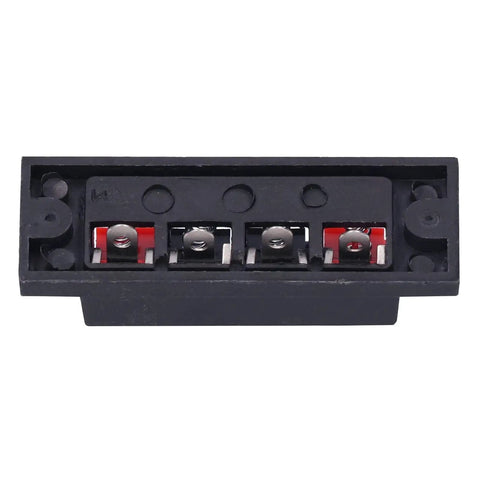 Front view of 4 Way Speaker Connector Spring Loaded Terminal Kit Black ABS Metal Build for Easy Wiring Handles Zero to Two Hundred Fifty Volts Three Amps