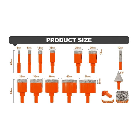 Solid Diamond Tile Hole Saw 13Pcs Kit For Porcelain Ceramic And Glass. Heavy Duty Vacuum Brazed Bits For Fast Drilling, High Speed Performance, Easy Installation, And Pro Results In Any Home Reno Job. 6-50mm sizes