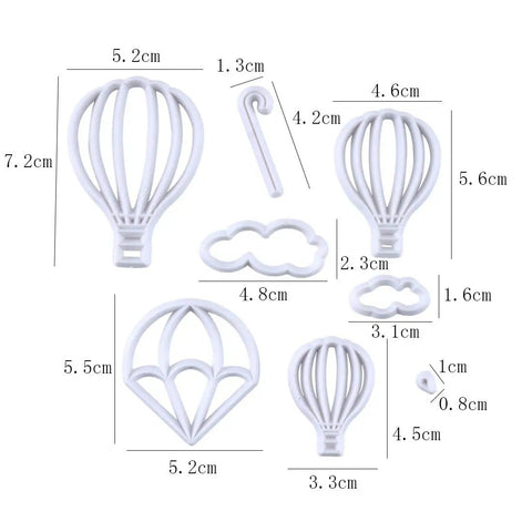 13 Piece Hot Air Balloon and Cloud Fondant Cutter Set for Cakes and Cookies Plastic Cookie Cutters with multiple sizes shown.