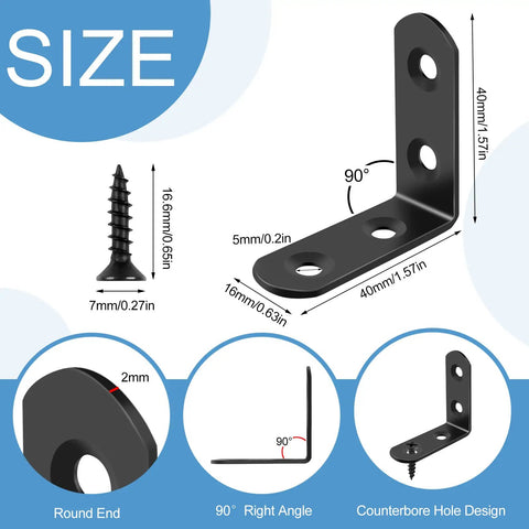 16 Piece Stainless Steel L Bracket Corner Brace Set With 64 Screws, 90 Degree Right Angle Supports, Black Finish Size Diagram