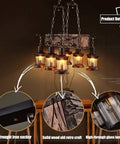 Rustic Farmhouse Linear Pendant Light With Wood Beam, Industrial Island Chandelier, adjustable chains, 6 lights detail view