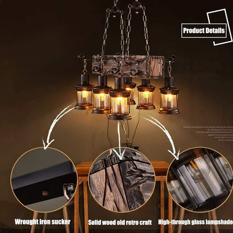 Rustic Farmhouse Linear Pendant Light With Wood Beam, Industrial Island Chandelier, adjustable chains, 6 lights detail view