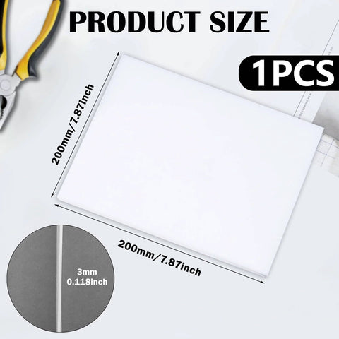 Virgin PTFE Sheet 200mm By 200mm, 3mm Thick Nonstick Teflon Sheet next to a measuring tool showcasing dimensions