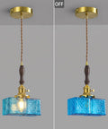 BBLLWJ 1-Pack Vintage Pendant Light for Kitchen Island, Brass & Wood Hanging Fixture with 78" Adjustable Cord, Blue Rectangular Hammered Glass Ceiling Light for Dining Room, Sink, Bedroom in on and off positions.