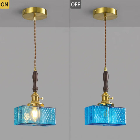 BBLLWJ 1-Pack Vintage Pendant Light for Kitchen Island, Brass & Wood Hanging Fixture with 78" Adjustable Cord, Blue Rectangular Hammered Glass Ceiling Light for Dining Room, Sink, Bedroom in on and off positions.