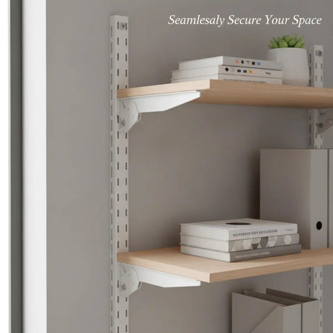Adjustable Metal Shelf Bracket For Standard AA Pillar Slots on wall with wooden shelf and books