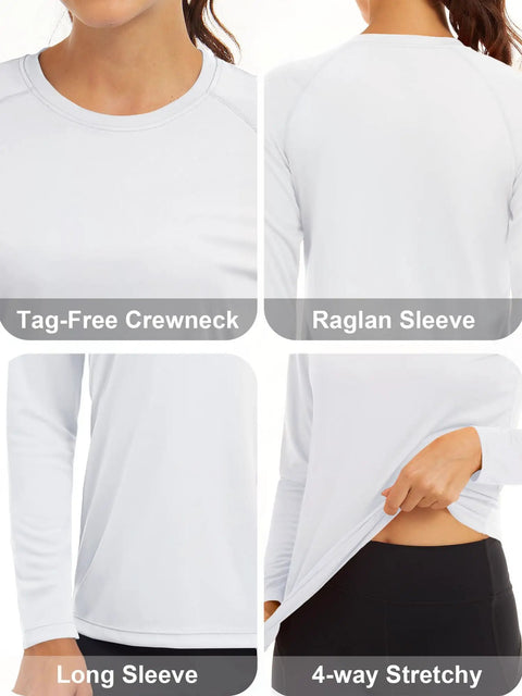 Women's Long Sleeve Rash Guard Shirt With UV 50 Plus Protection For Hiking Running And Fishing showcasing fabric and stitch details