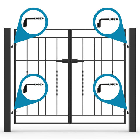 Skelang 5/8 inch J-bolt gate hinges; front view on double metal gates, four hinges, 2000 lb capacity.