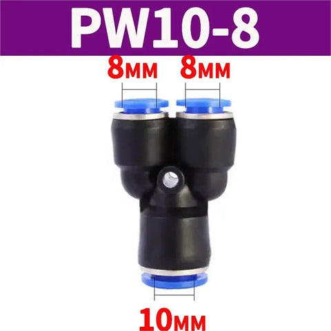 PW10-8 Y-shaped Push To Connect Pneumatic Fittings Kit For Air Water And Oil Hoses, 8mm and 10mm sizes, variety pack available
