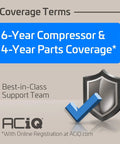 Coverage terms graphic showing 6-year compressor and 4-year parts coverage for Heavy Hitter 24000 Btu Dual Zone Mini Split AC.