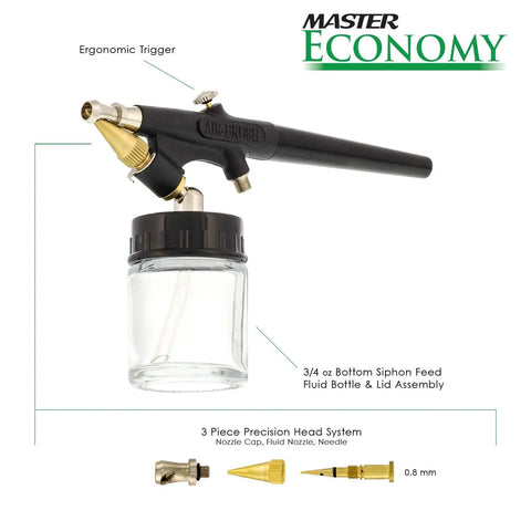 Beginner Friendly Single Action External Mix Siphon Feed Airbrush Set With 0.8mm Tip And One Eighth Inch Air Inlet, shown with parts