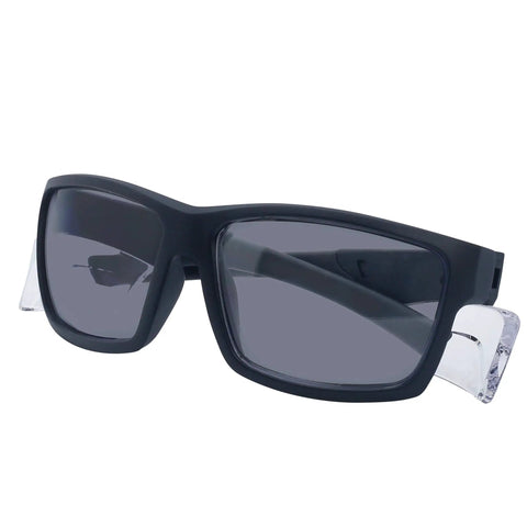 Heavy Duty Boss Level Safety Bifocal Glasses With Rugged Side Shields Kickass Impact Resistant ANSI Certified Eye Gear Smoke Lens Tough Black Frame, angled view.