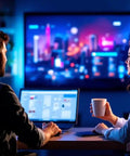Two people enjoying a smart television connection with a Heavy Duty 12 Feet TV Power Cord Featuring 2 Prong C7 Design.
