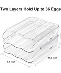 Diagram of Auto Rolling Egg Holder For Fridge With 36 Egg Capacity Two Layer Clear Egg Organizer Bin With Lid and dimensions
