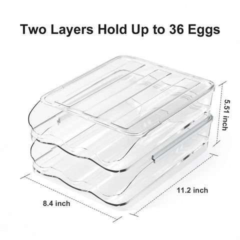 Diagram of Auto Rolling Egg Holder For Fridge With 36 Egg Capacity Two Layer Clear Egg Organizer Bin With Lid and dimensions