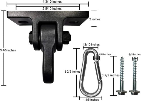 Heavy Duty Swing Hangers Built Tough With Rust Proof Aluminum And A Badass 5000 Pound Hold For Porch Swings Indoor Outdoor Ready For Dead Simple Hook Up Two Pack, close-up view with dimensions.