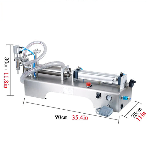 Automatic Pneumatic Liquid Filler Machine Horizontal Bottle Dosing Station Stainless Steel Frame side view with measurements