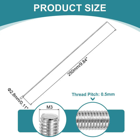 Eight Piece M3 0.5 Thread Pitch Fully Threaded Rods 300mm Stainless Steel Right Hand With Nuts And Washers For Clamps Hangers And U Bolts DIY Projects size diagram