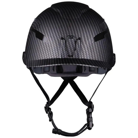 Vented Class C Safety Hard Hat with Carbon Fiber Style Graphic, Removable Chin Strap, rear view showing adjustable vents