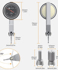 Dial Test Indicator dimensions and features with multiple angles and components, focus on precision 0-0.03 Inch Readout 0.0005 Inch.