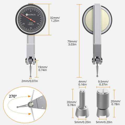 Dial Test Indicator dimensions and features with multiple angles and components, focus on precision 0-0.03 Inch Readout 0.0005 Inch.