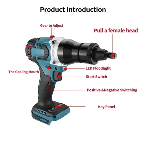 Powerful Brushless Rivet Nut Gun Kit For Pros Auto Electric Riveter Set features labeled parts and functions