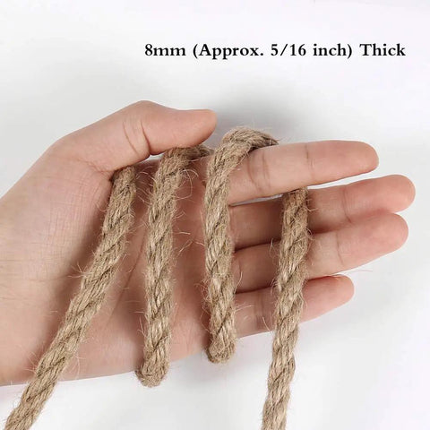 8mm Jute Rope Thick Twine 50 Feet Heavy Duty Natural Fiber held in hand for crafts and DIY projects.