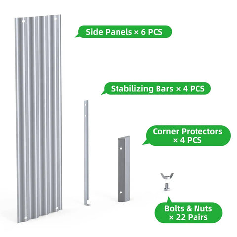 Components of Raised Garden Bed 6x3x1 Foot Galvanized Metal Planter Box shown including panels, bars, protectors, and bolts.