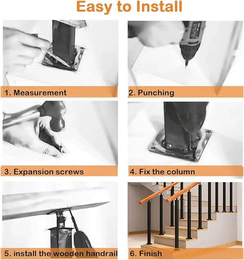 Step-by-step installation process for Built Tough Matte Black Wrought Iron Deck Spindles, including measuring, punching, and fixing.