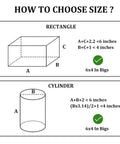 Diagram explaining how to choose size for rectangular and cylindrical packaging, including measurement guidelines.