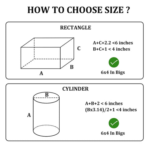 Diagram explaining how to choose size for rectangular and cylindrical packaging, including measurement guidelines.