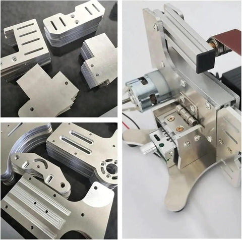 Badass Compact Mini Belt Sander With Variable Speed For Wood Metal And Plastic Polishing Benchtop Power Tool Kit featuring metal components and motor setup.
