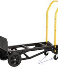 Convertible hand truck with Set Of 2 Heavy Duty 3 Inch Swivel Caster Wheels For Junior Replacement, yellow handle, black frame.