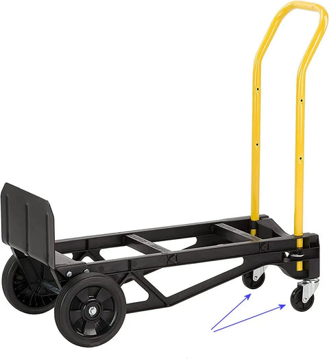 Convertible hand truck with Set Of 2 Heavy Duty 3 Inch Swivel Caster Wheels For Junior Replacement, yellow handle, black frame.
