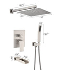 Shower Faucet Set With Waterfall Tub Spout And Rainfall Head Wall Mounted 10 Inch Rain Shower System brushed nickel components
