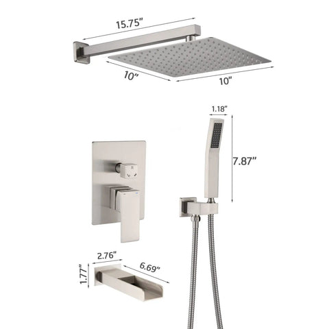 Shower Faucet Set With Waterfall Tub Spout And Rainfall Head Wall Mounted 10 Inch Rain Shower System brushed nickel components