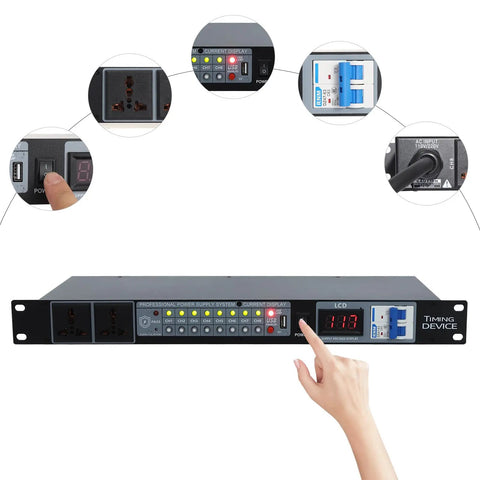 Heavy Duty Audio Power Conditioner With Ten Outlets And Usb Charging Ports Rock Solid Flame Retardant Abs Build, front view with power display.