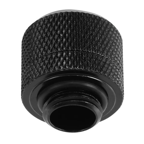 Compression fitting for soft tubing, black knurled finish, G1/4 to 3/8 in ID and 1/2 in OD for computer water cooling — close-up