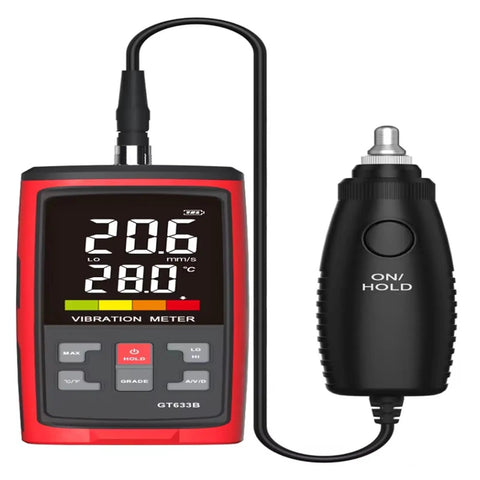 GT633B Pro Grade Vibration Meter for Rotating and Reciprocating Machinery, Ultra Accurate Displacement, Velocity, and Acceleration Readings, Portable Handheld Diagnostic Tool for Motors, Pumps, Fans, and Compressors. Red handheld vibration meter with external sensor and ON/HOLD probe.