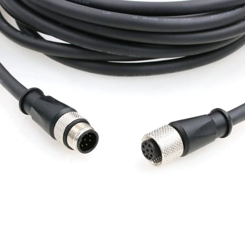 M12 A Code 8 Pin Male To Female Connector Sensor Cable 5 Meter High Flex Waterproof IP67, black PVC jacket, 8-pin connectors visible