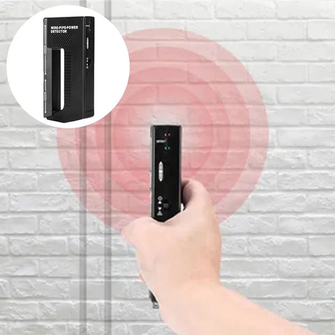 Metal Detector - Wire Finder Wall Scanner, Stud Sensor Hardware Tool being held in hand, detecting wires on a white brick wall.