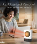 Your Own Mini Personal Ceramic Space Heater For Home And Office, 400W Quick Heat on desk with woman working at laptop