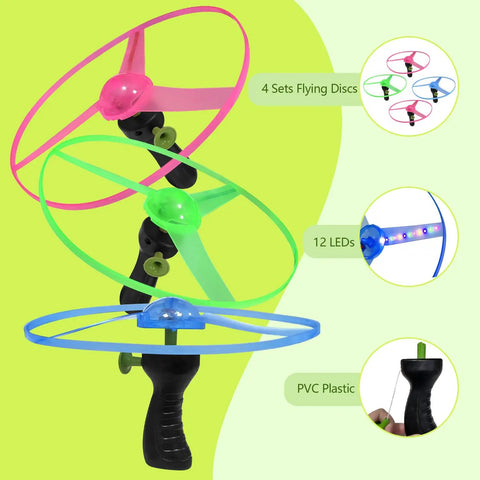 LED Flying Saucer Toys 4 Pack With Built In Flashing Lights for Kids, showing colorful discs and hand grip design.