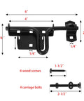 Heavy Duty Slide Bolt Gate Latch Featuring Reliable Padlock Hole For Wood Fences And Vinyl Gates, detailed dimensions and included screws.